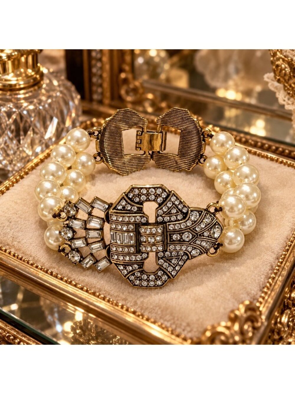Vintage Art Deco Rhinestone Faux Pearl Bracelet Gatsby Bridal Statement